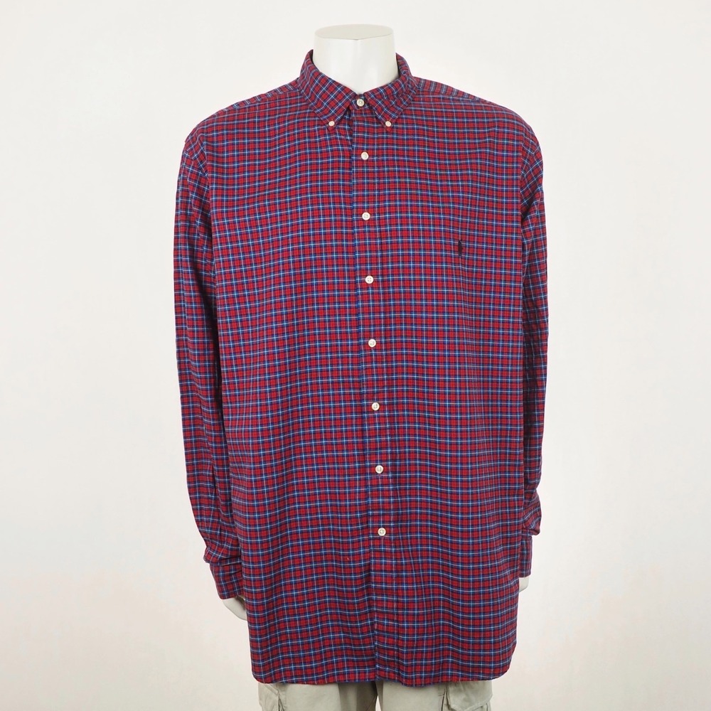 Polo Ralph Lauren Button Down Shirt Mens 2XLT Red Plaid Striped RL Pony Cotton